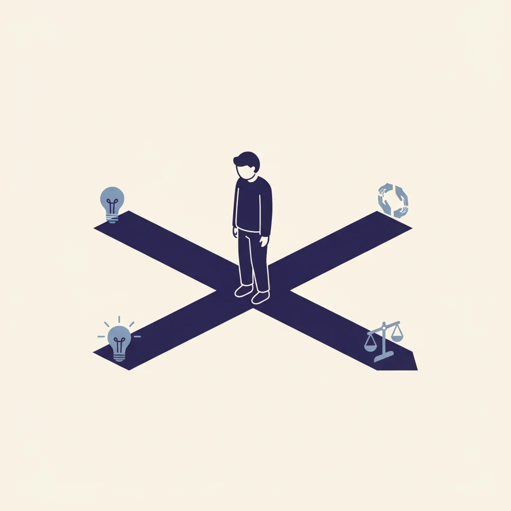 3つに分岐した道の前に立つ人物。創造性・共感・批判的思考の3軸を示唆する抽象イラスト