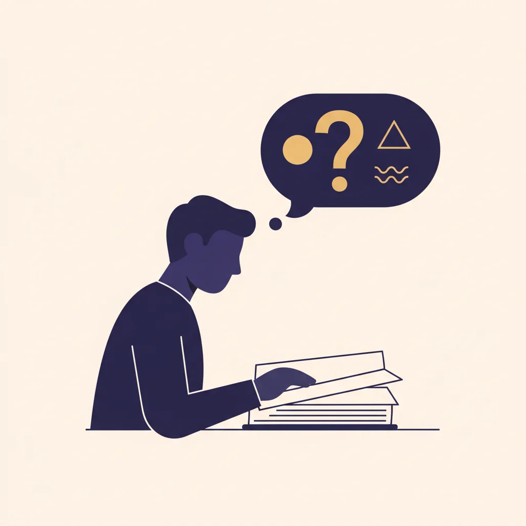 人物の頭上に疑問符を含む思考の吹き出しと、開いた本を見つめる姿。問いを持ち続ける姿勢を示唆する抽象イラスト