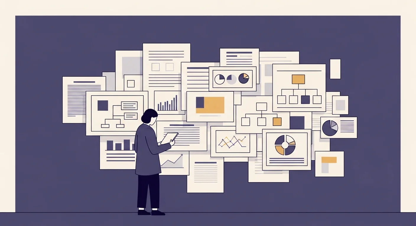 抽象的な人物が地図やフローチャートを前に静かに思索するイラスト。プロジェクト全体像の把握と戦略的準備を示唆