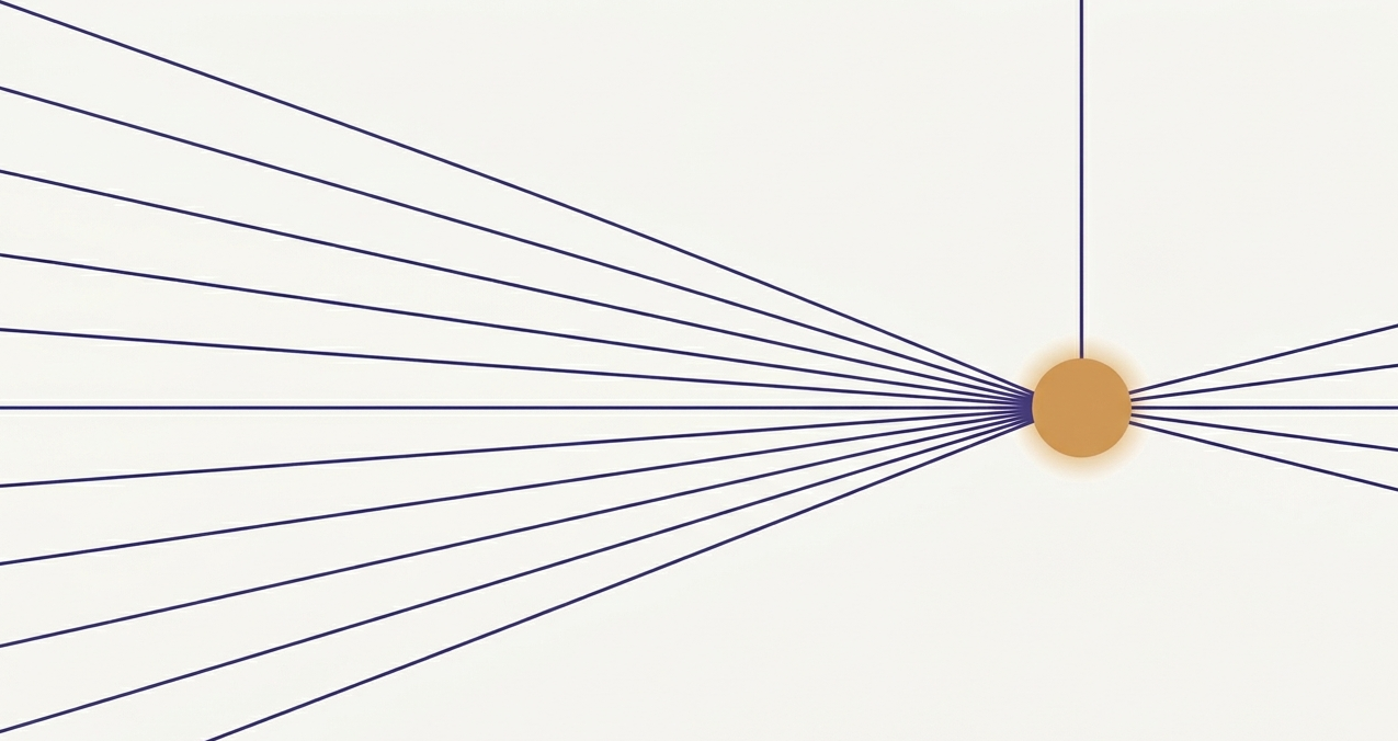複数の線がひとつの点に収束する、視点の交差を表す抽象的なイラスト