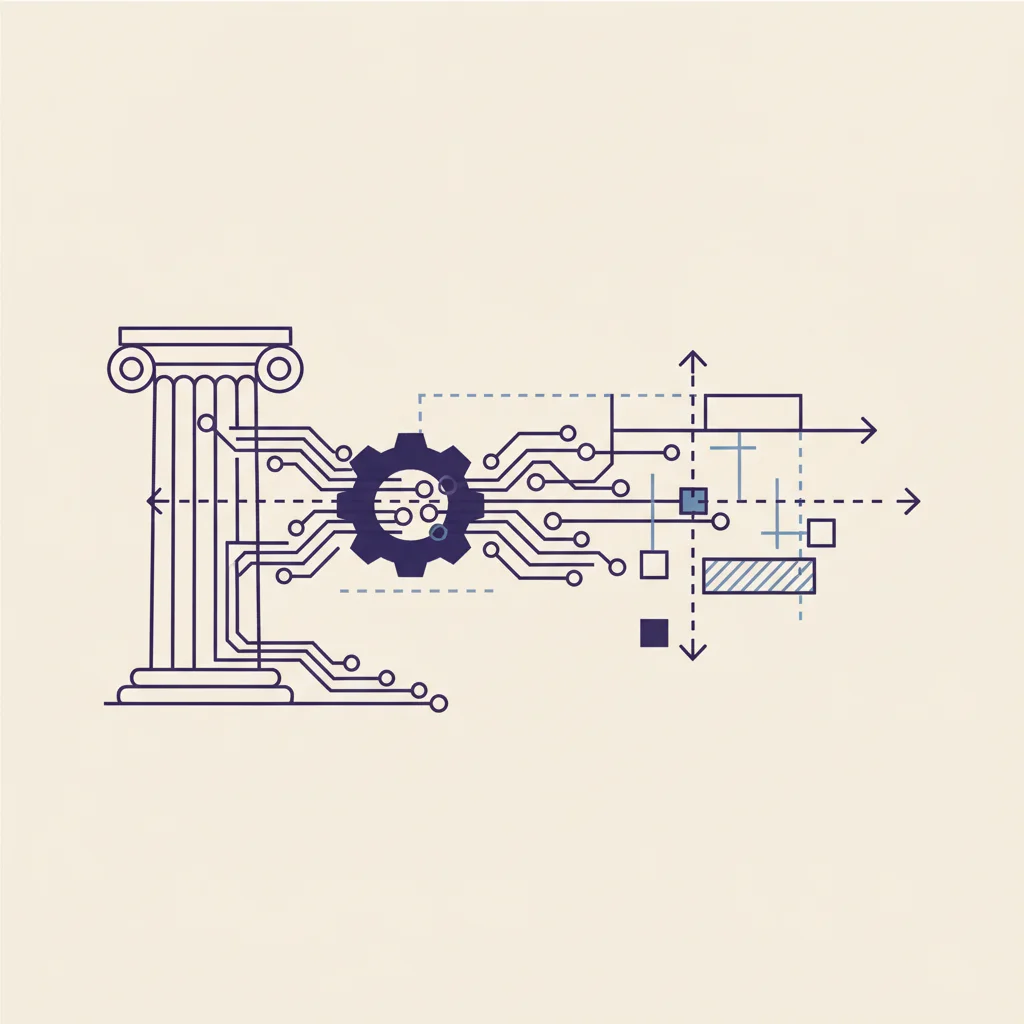 ギリシャ建築の柱と現代の回路基板や設計図が交差する抽象イラスト。古典思考と実務設計の接続を示唆