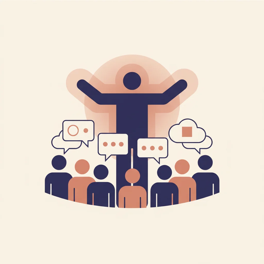 開いた腕で小さな人物たちを招き入れる抽象的なリーダー像。発言・意見が歓迎される場を示唆するイラスト