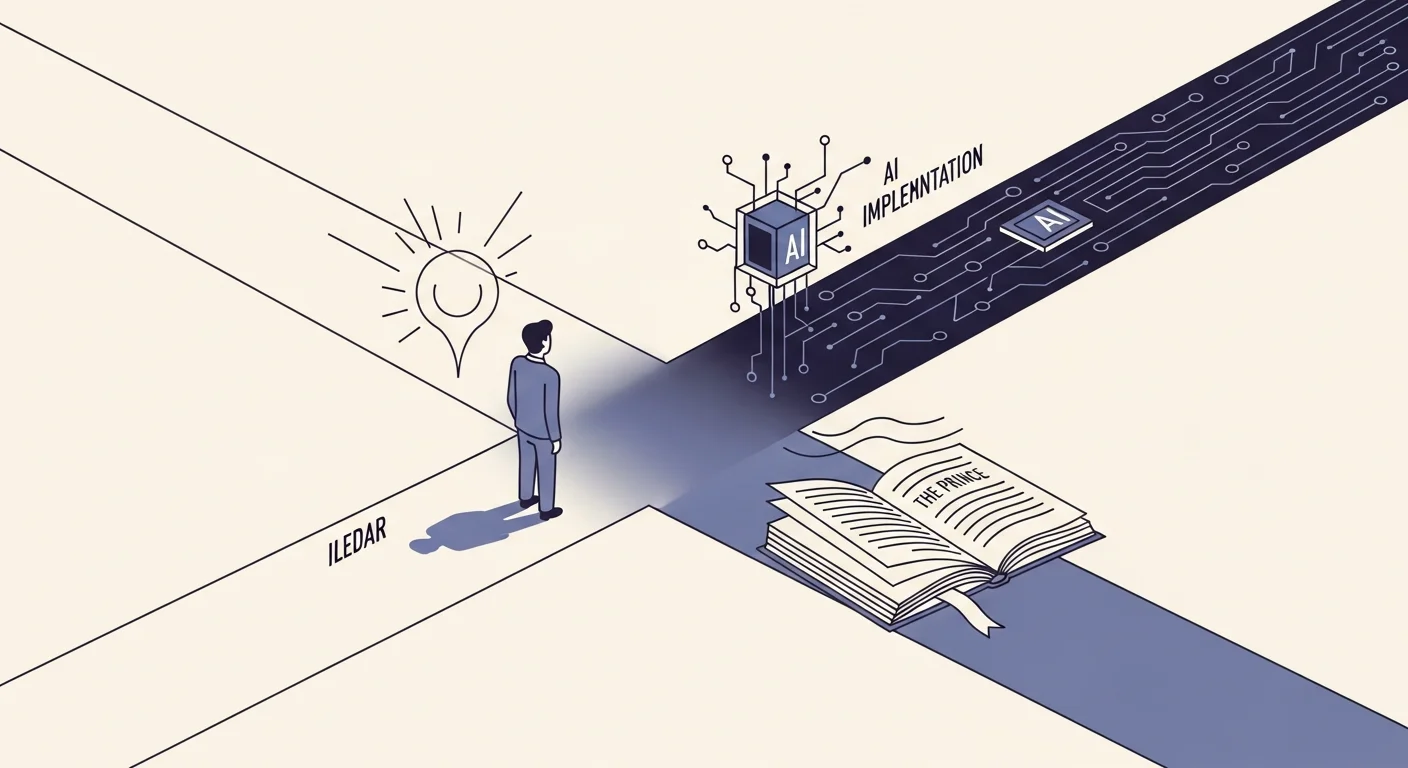 分岐路に立つ抽象的なリーダー像と、古典『君主論』の開かれた本。理想と現実のあいだで判断を迫られる場面を示唆するイラスト