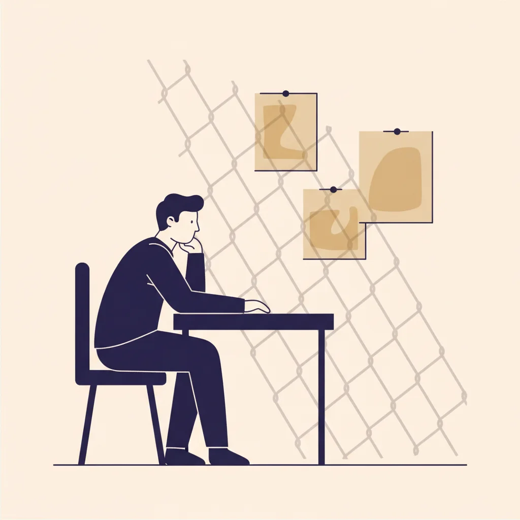 机に向かう人物の背後の壁に鎖のシルエットが斜めに伸びる抽象イラスト。見えない制約と棚卸しの瞬間を示唆