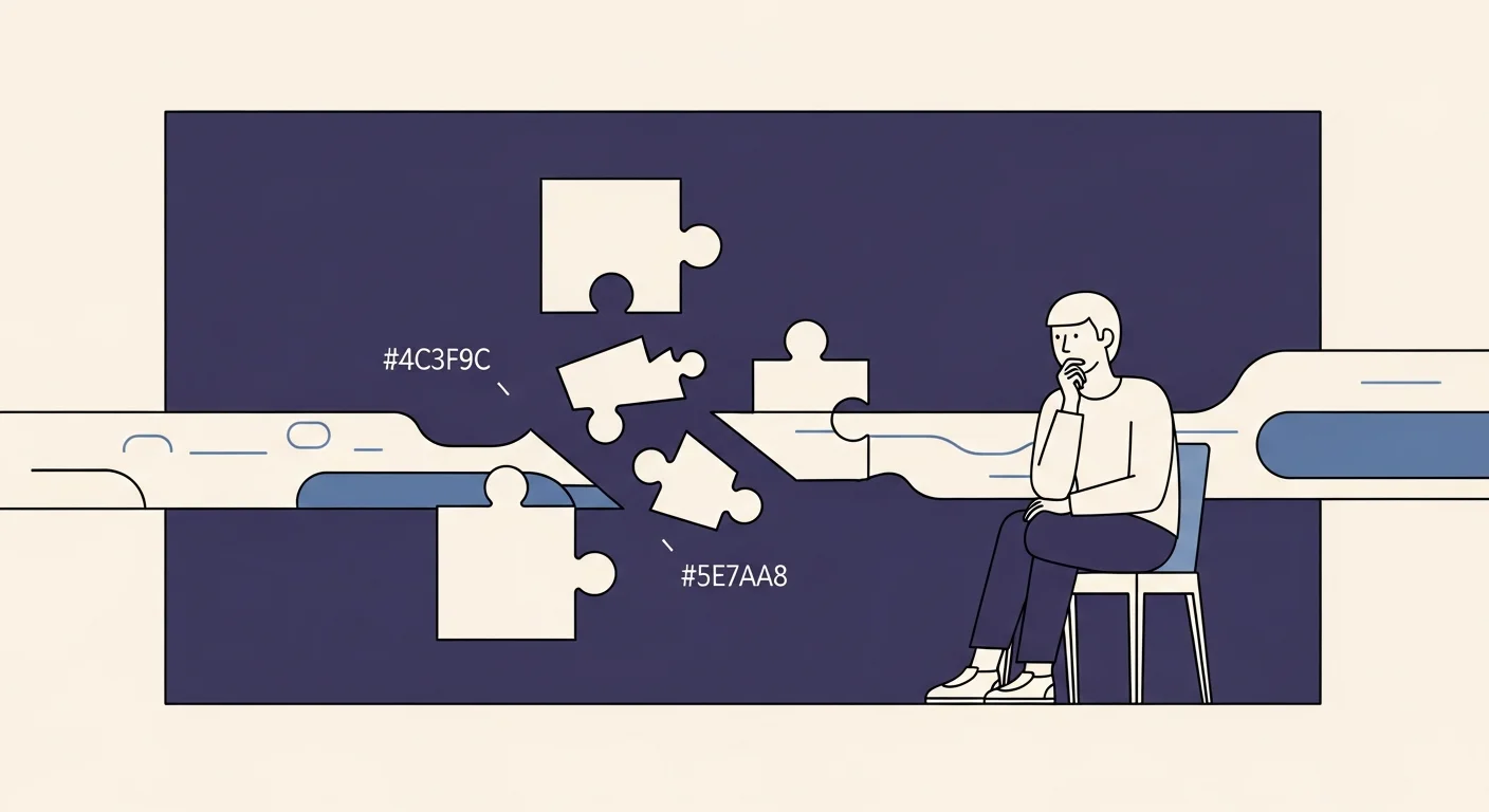 複雑なフローチャートが小さな構造に分解されていく抽象的な図解。目的を分解する思考プロセスを示唆