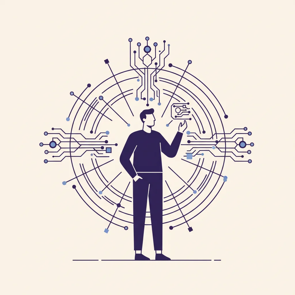 見積もり担当者がデータネットワークとAIインターフェースの前に立つ抽象イラスト。人とAIの協働を示唆