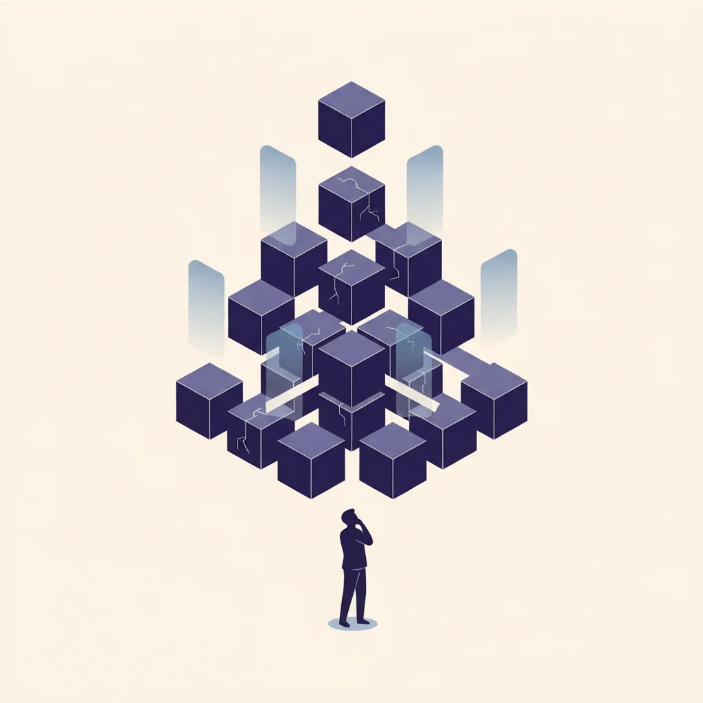 積層した構造物が抽象的な光に触れて端から崩れ始め、下に立つ人物が見上げる様子。構造変容の予感を示唆する抽象イラスト